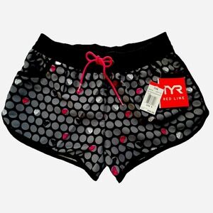 TYR Red Line Grey Polka Dot 3.5" Boardshort Pockets Pink Drawstring Small Sporty